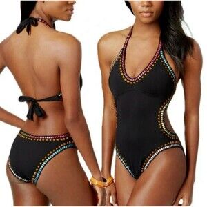 Bar lll NWT One Piece Monokini Halter Boho Embroidered Ribbon Swimsuit Size XL